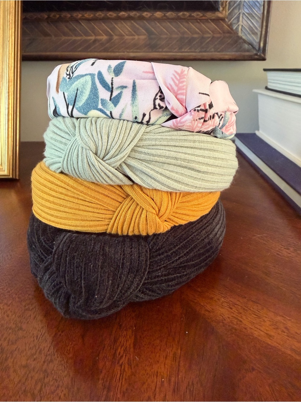 Stack of Women's Knotted Headbands - Pink Floral, Sage, Mustard, Charcoal